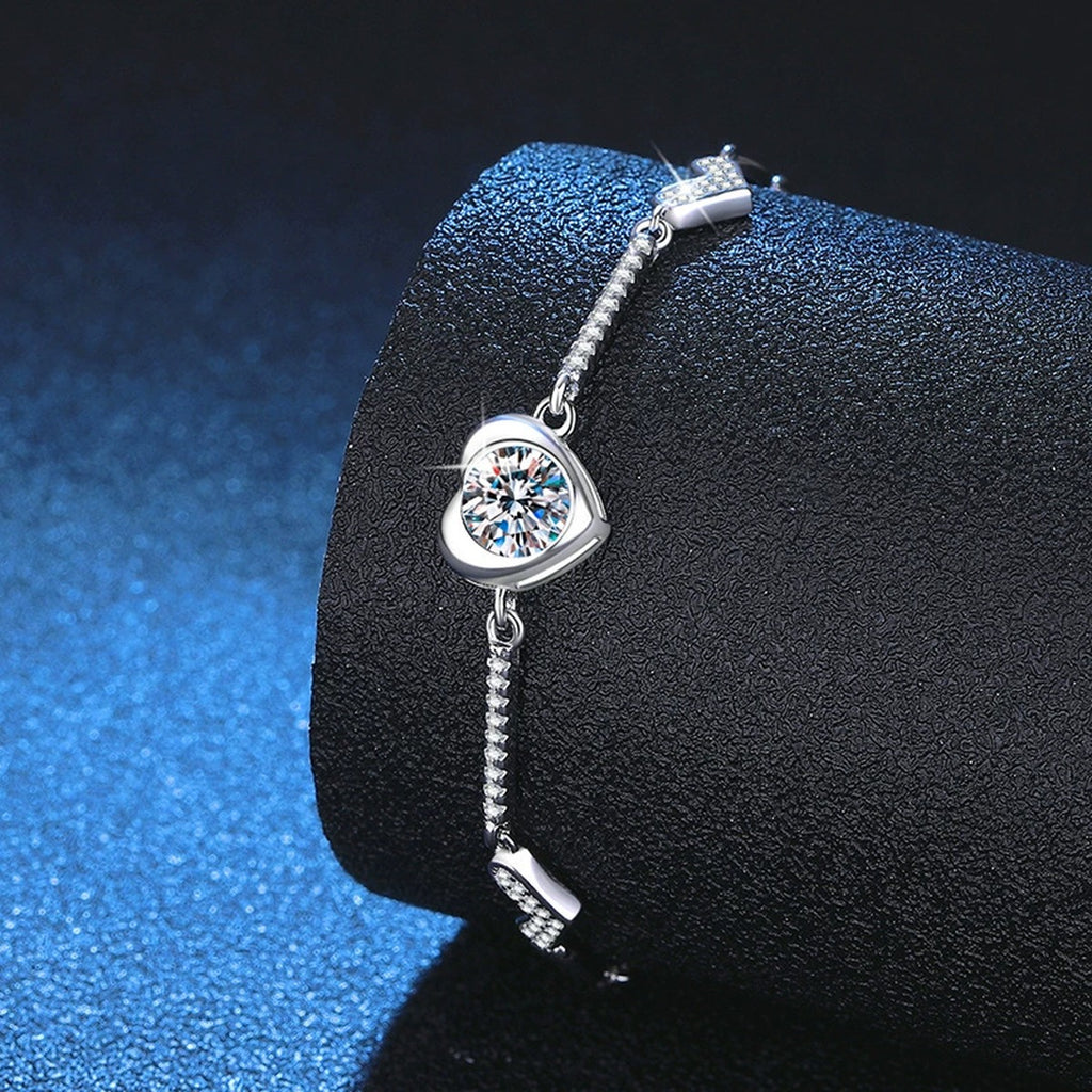 Hexagon Moissanite Chain Bracelet with CZ styled on blue display background showing moissanite sparkle