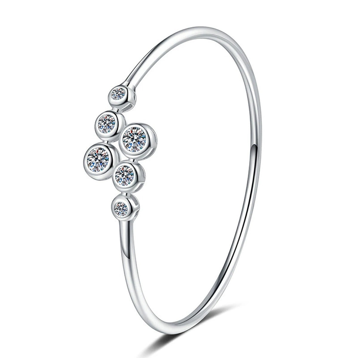 Three-Stone Moissanite Bangle Bracelet styled on blue display background showing moissanite sparkle