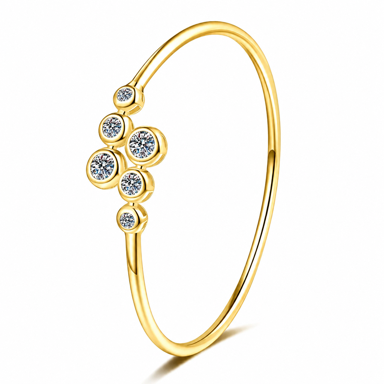 Three-Stone Moissanite Bangle Bracelet in yellow Gold-Plated S925 Sterling Silver white background product photo