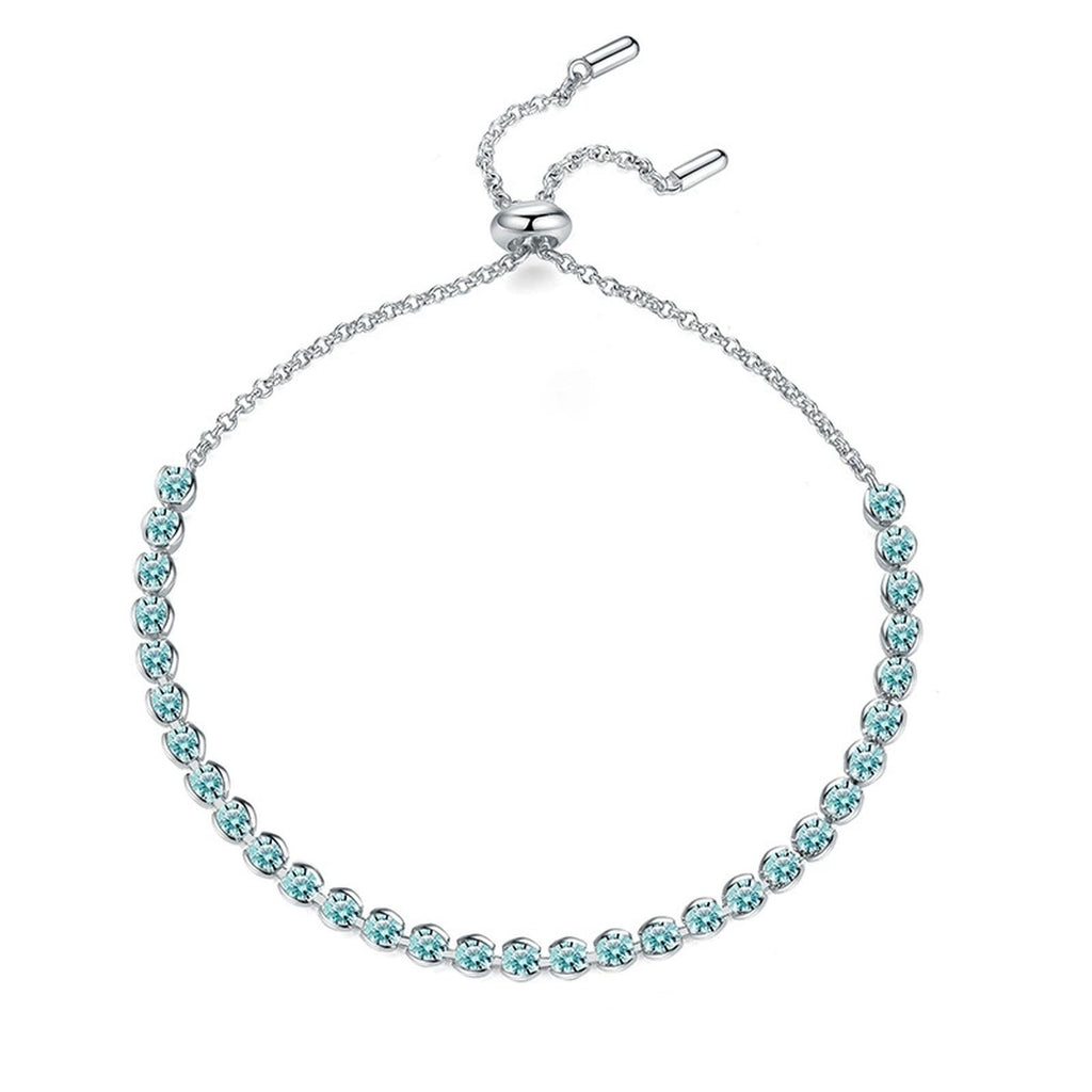 Aqua Moissanite Tennis Bracelet worn on wrist by model showing bracelet scale and fit