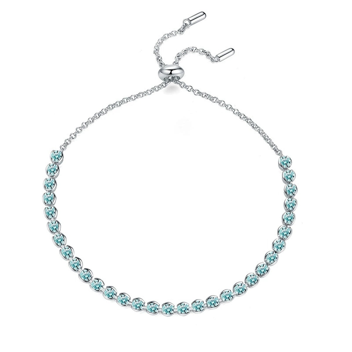 Aqua Moissanite Tennis Bracelet worn on wrist by model showing bracelet scale and fit