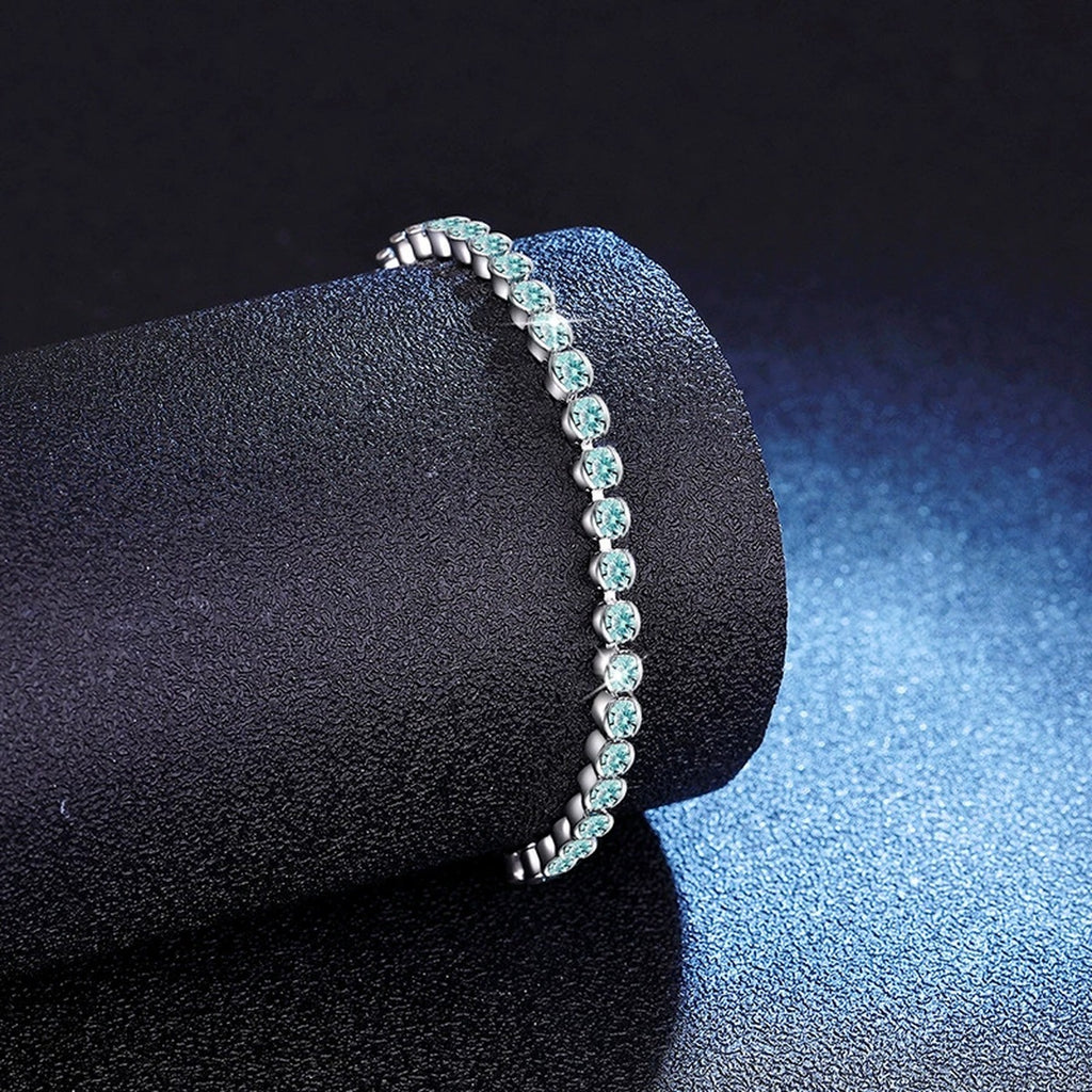 Aqua Moissanite Tennis Bracelet close-up detail showing chain, clasp, and stone placement