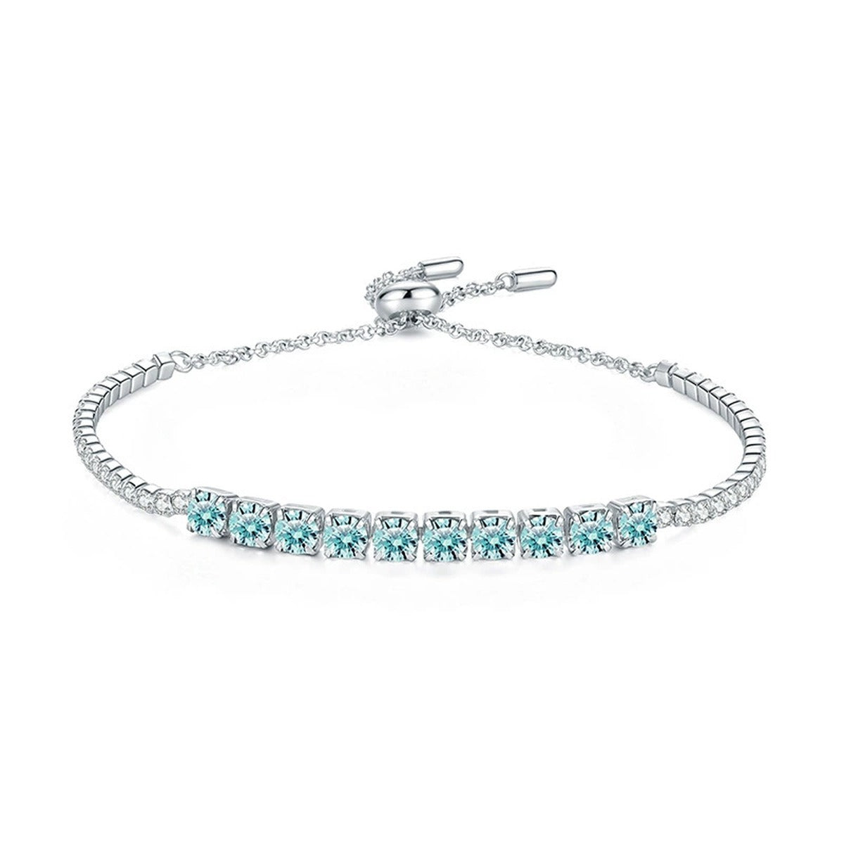 Aqua Moissanite Tennis Bracelet worn on wrist by model showing bracelet scale and fit