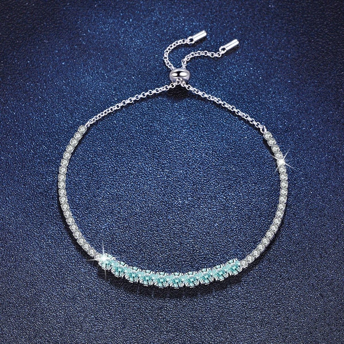 Aqua Moissanite Tennis Bracelet close-up detail showing chain, clasp, and stone placement
