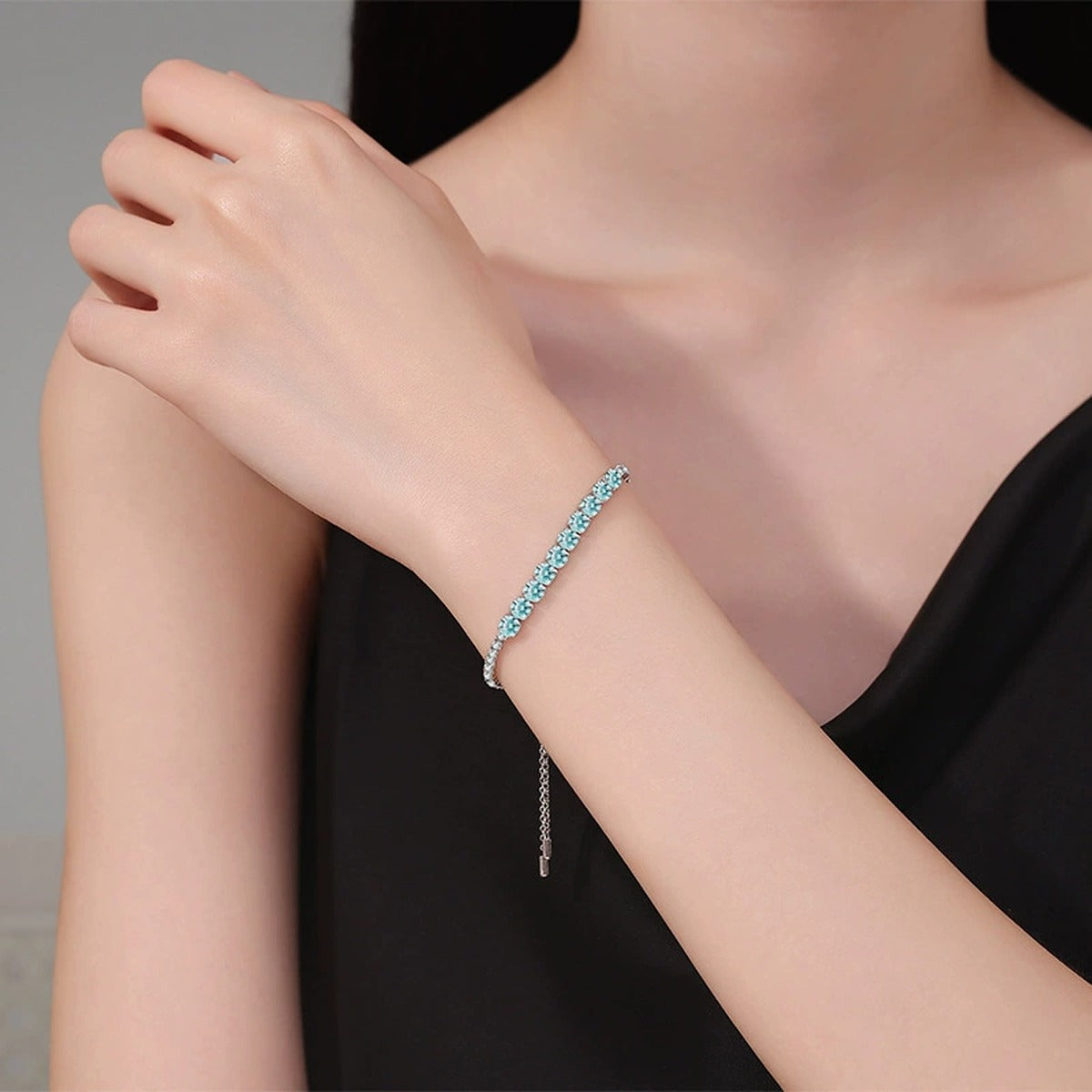 Aqua Moissanite Tennis Bracelet close-up detail showing chain, clasp, and stone placement