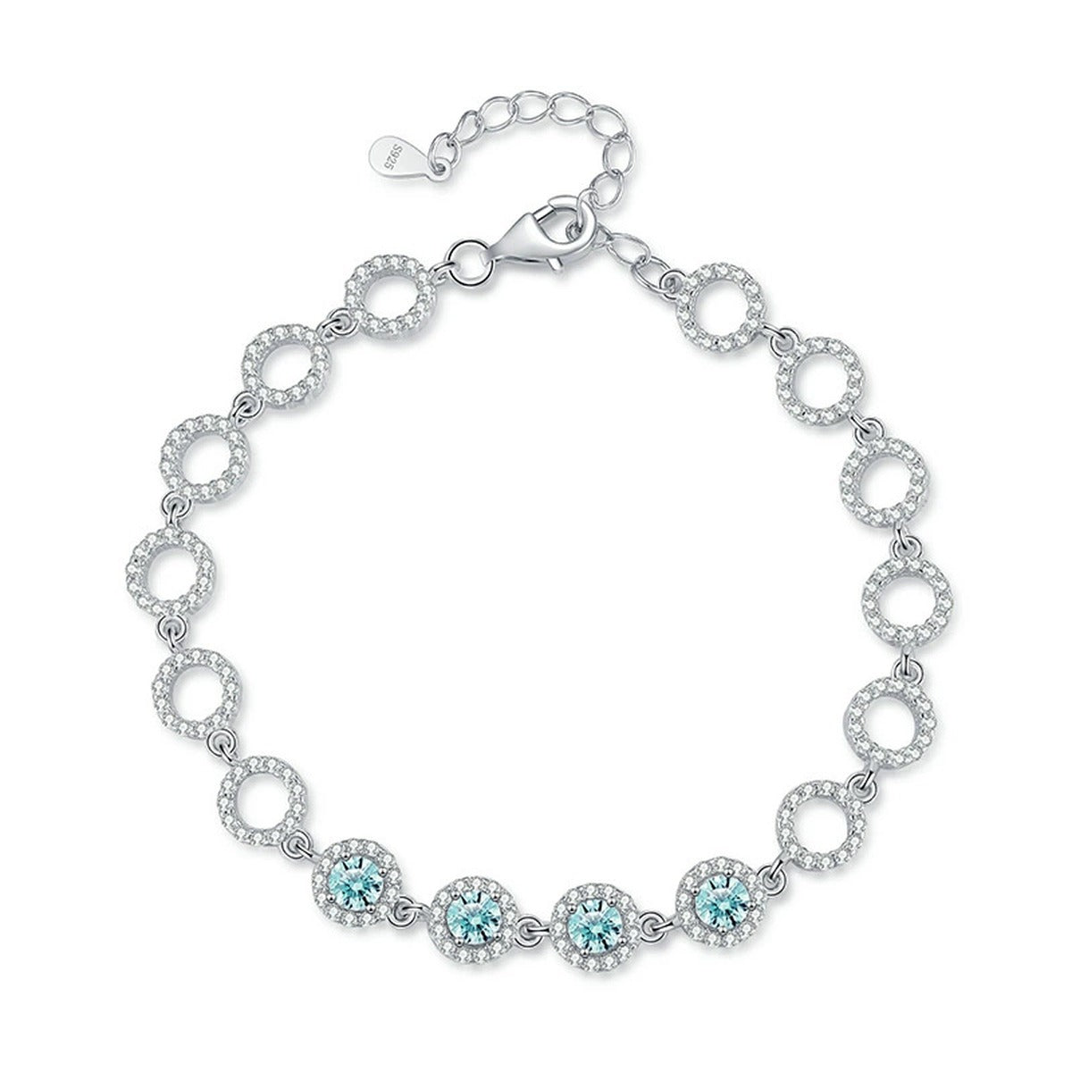 Aqua Moissanite Chain Bracelet with CZ styled on blue display background showing moissanite sparkle