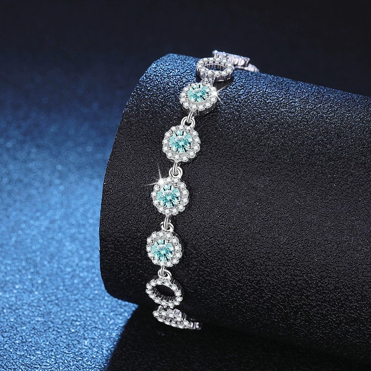 Aqua Moissanite Chain Bracelet with CZ close-up detail showing chain, clasp, and stone placement