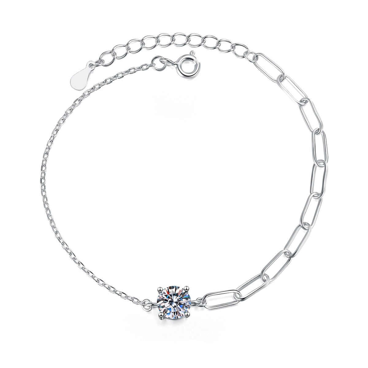 Round Moissanite Chain Bracelet white background product photo showing bracelet silhouette and moissanite setting