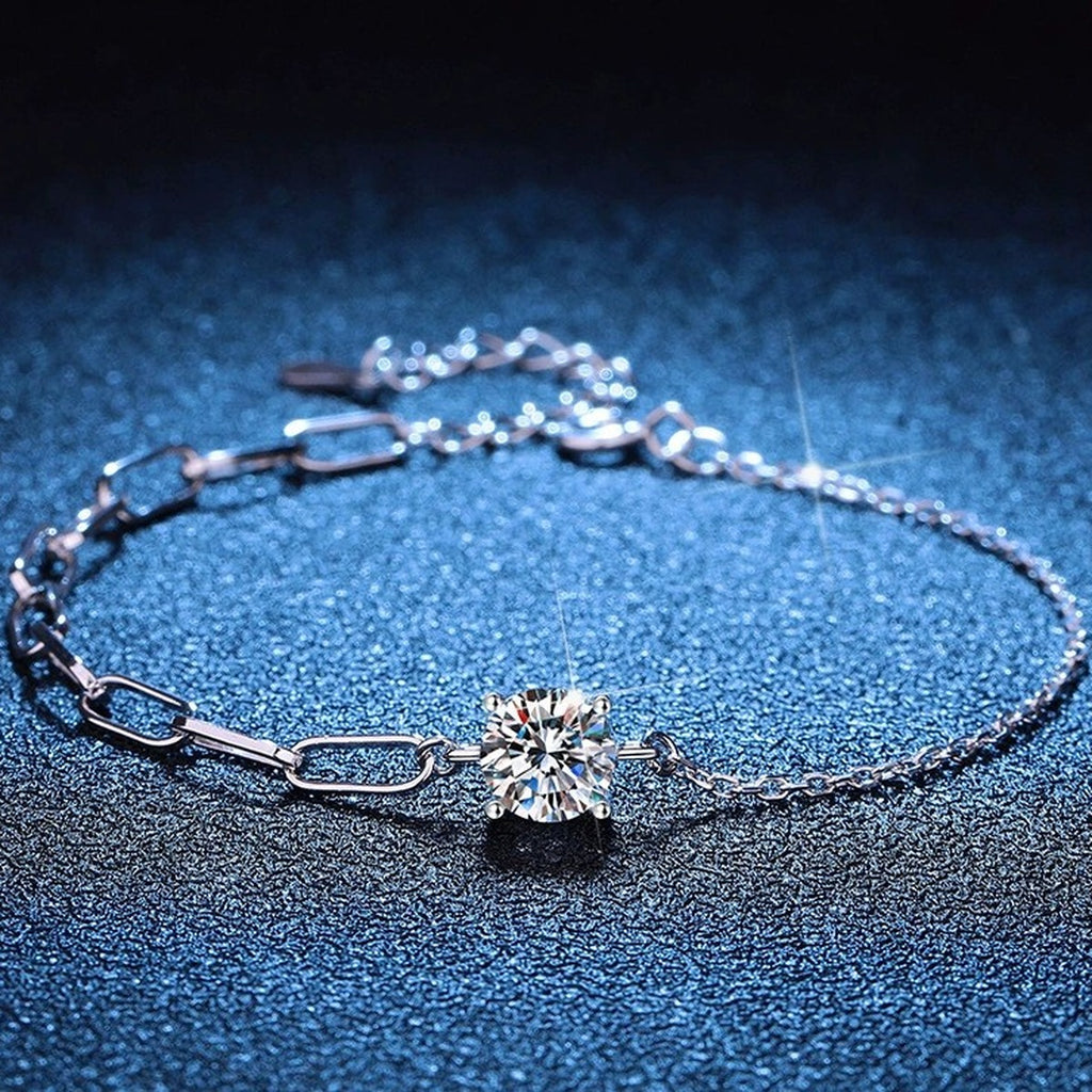 Round Moissanite Chain Bracelet worn on wrist by model showing bracelet scale and fit