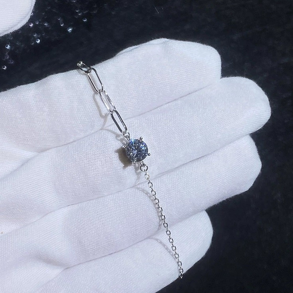 Round Moissanite Chain Bracelet close-up detail showing chain, clasp, and stone placement