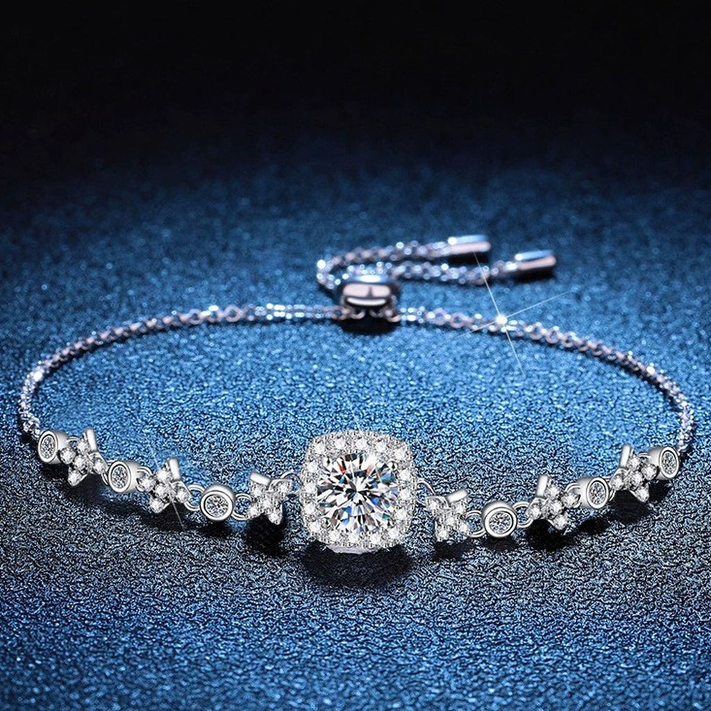 Round Moissanite Chain Bracelet with CZ worn on wrist by model showing bracelet scale and fit