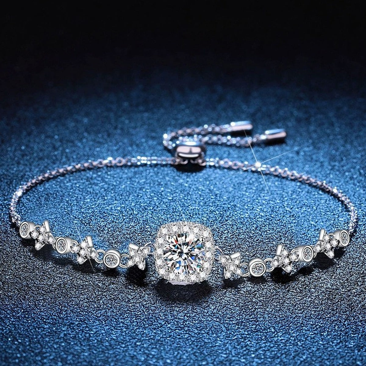 Round Moissanite Chain Bracelet with CZ worn on wrist by model showing bracelet scale and fit