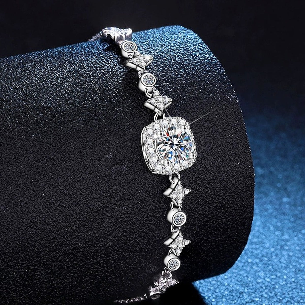 Round Moissanite Chain Bracelet with CZ close-up detail showing chain, clasp, and stone placement