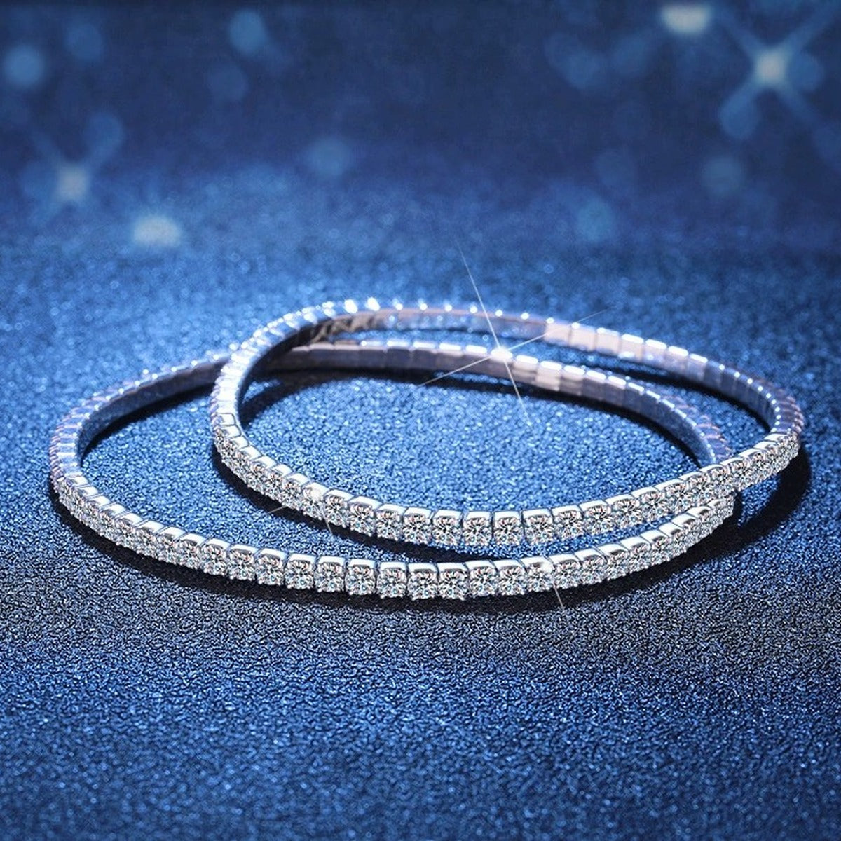 Moissanite Tennis Bangle Bracelet worn on wrist by model showing bracelet scale and fit