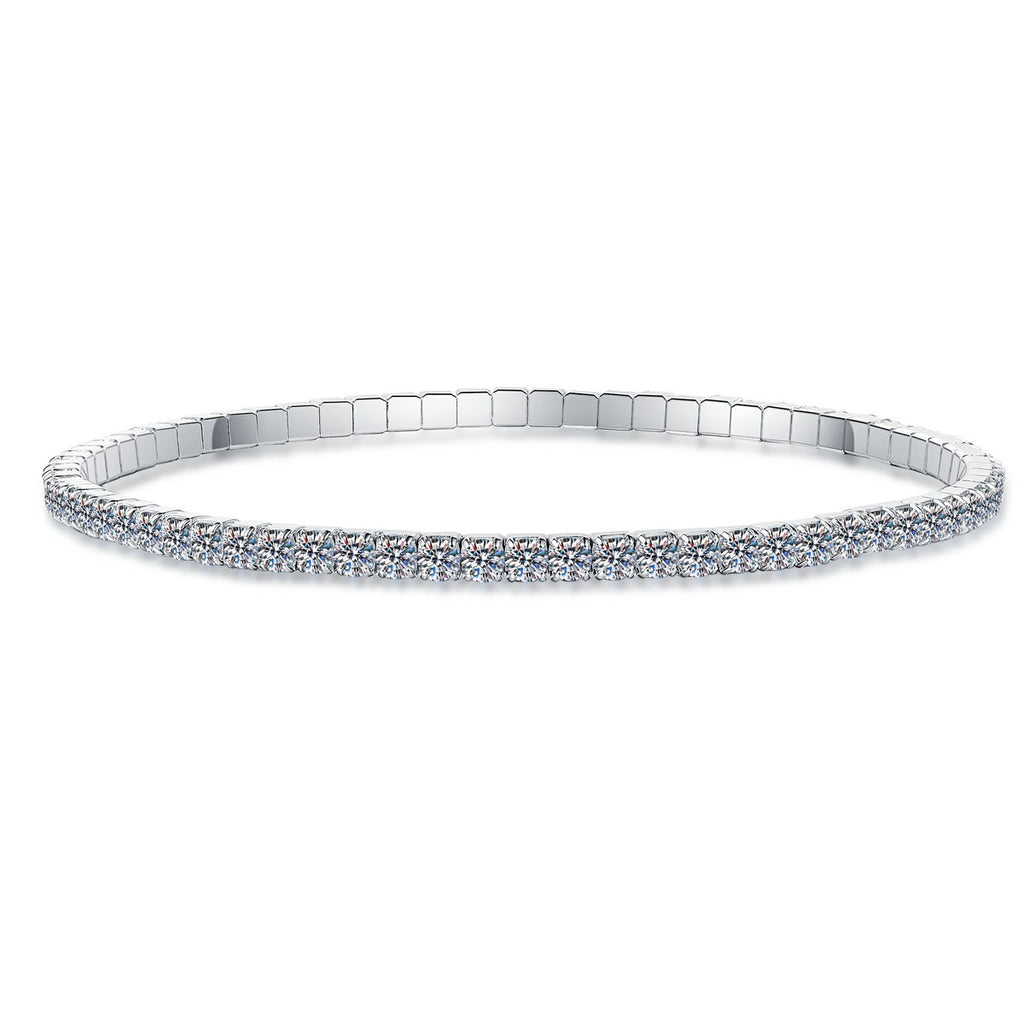Moissanite Tennis Bangle Bracelet styled on blue display background showing moissanite sparkle