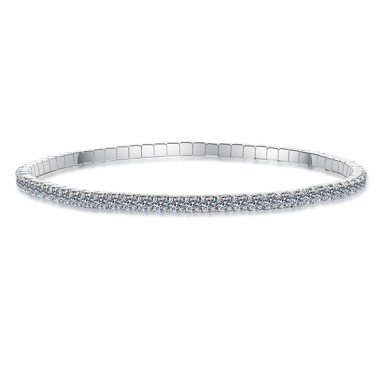 Moissanite Tennis Bangle Bracelet styled on blue display background showing moissanite sparkle