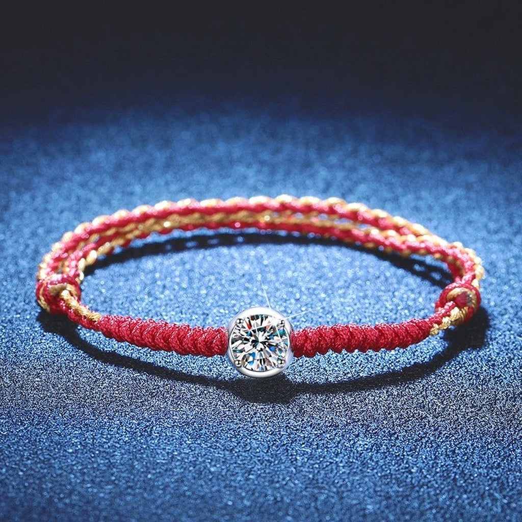 Red Cord Moissanite Bracelet worn on wrist by model showing bracelet scale and fit