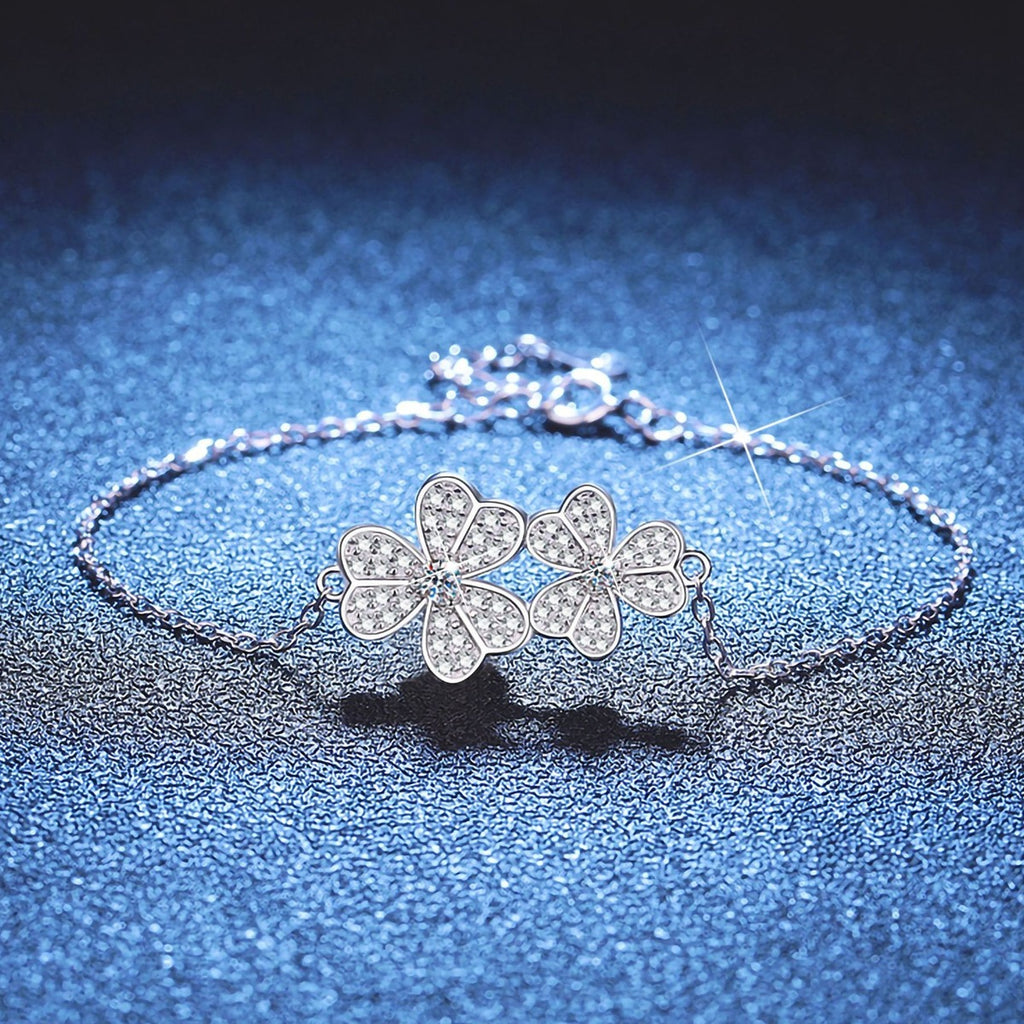 Cluster Moissanite Chain Bracelet styled on blue display background showing moissanite sparkle
