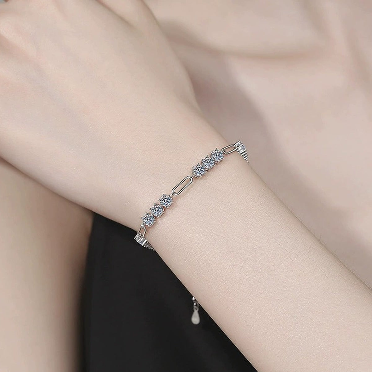 Cluster Moissanite Chain Bracelet worn on wrist by model showing bracelet scale and fit