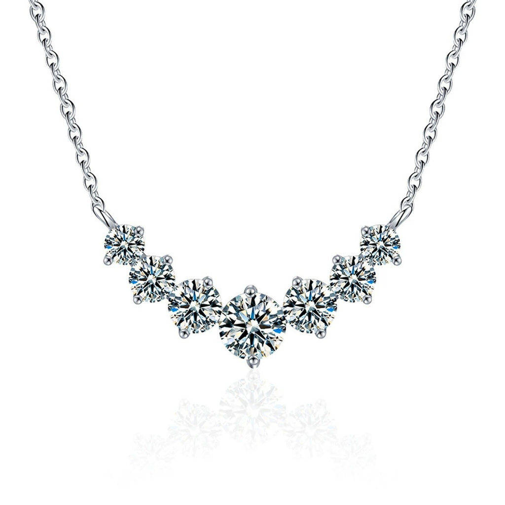 Seven-Stone Moissanite Necklace in Gold-Plated S925 sterling silver white background product photo showing seven-stone floral cluster necklace offered in yellow gold and white gold plating with three carat options