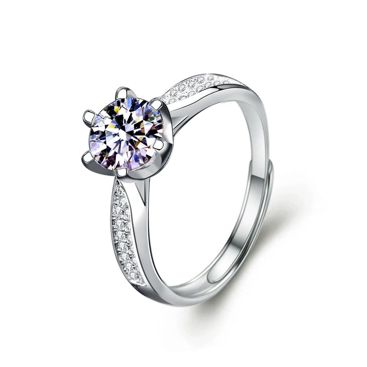 Starburst Six-Prong Round Moissanite Engagement Ring with CZ in gold-plated S925 sterling silver on clean white background