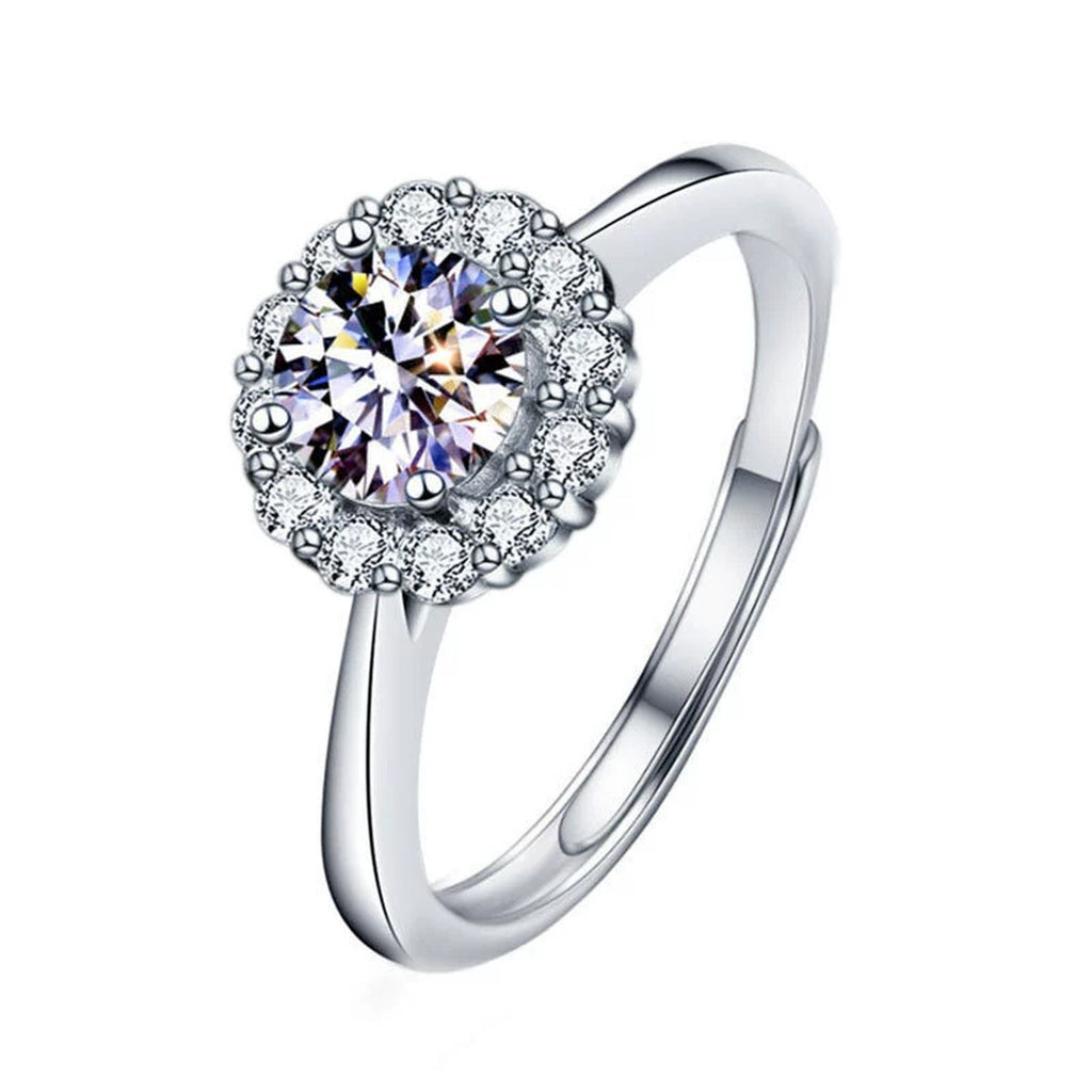 Round Halo Moissanite Adjustable Engagement Ring with CZ in white gold-plated S925 sterling silver on clean white background