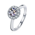 Round Halo Moissanite Adjustable Engagement Ring with CZ in white gold-plated S925 sterling silver on clean white background