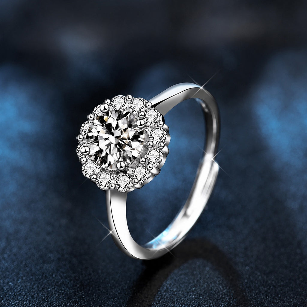 Round Halo Moissanite Adjustable Engagement Ring with CZ close-up detail view with moissanite sparkle