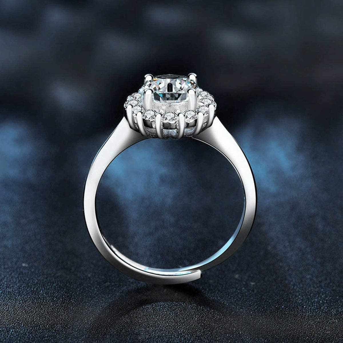 Round Halo Moissanite Adjustable Engagement Ring with CZ close-up detail view with moissanite sparkle