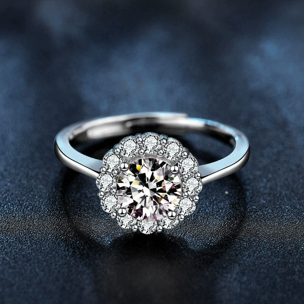Round Halo Moissanite Adjustable Engagement Ring with CZ close-up detail view with moissanite sparkle