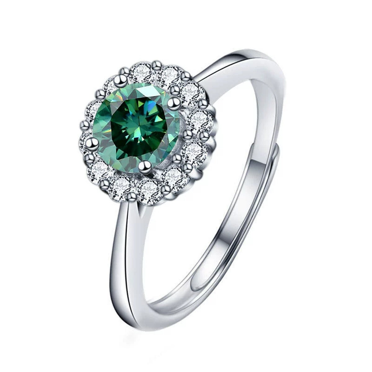 Colored Round Moissanite Halo Adjustable Engagement Ring with CZ in white gold-plated S925 sterling silver on clean white background