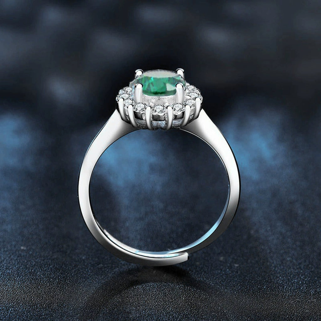 Colored Round Moissanite Halo Adjustable Engagement Ring with CZ close-up detail view with moissanite sparkle