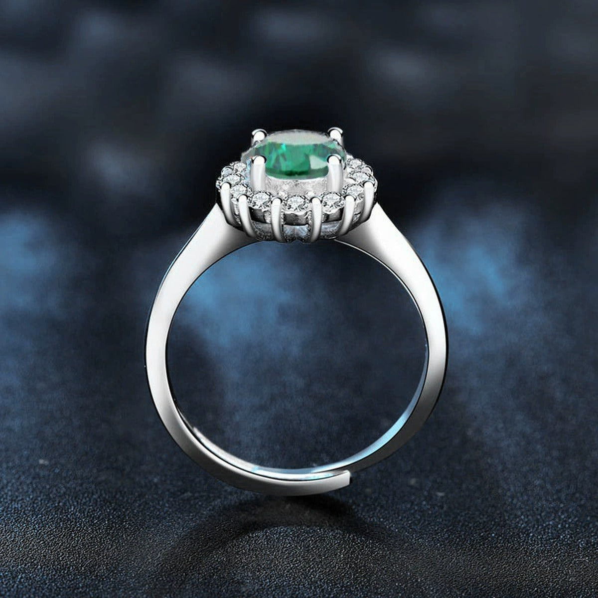 Colored Round Moissanite Halo Adjustable Engagement Ring with CZ close-up detail view with moissanite sparkle