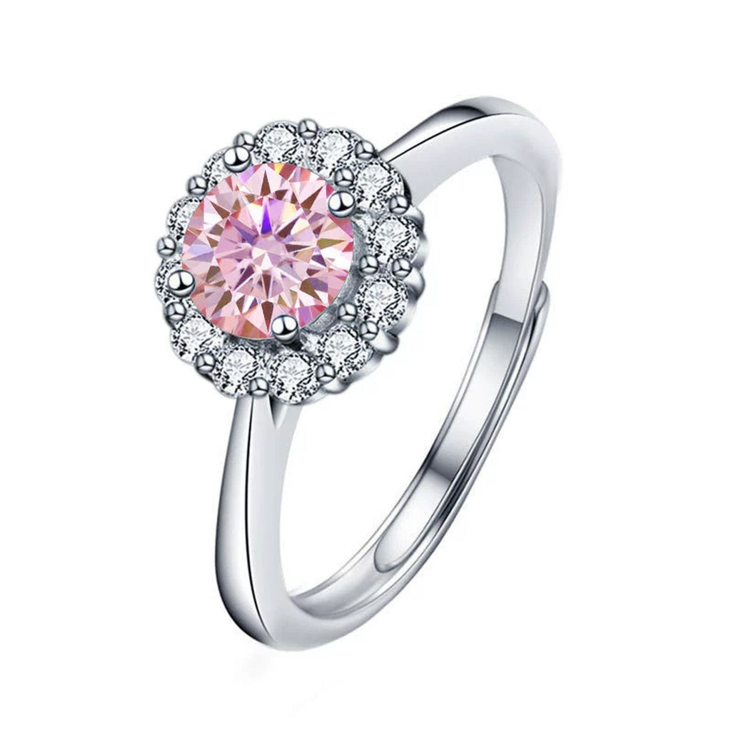 Colored Round Moissanite Halo Adjustable Engagement Ring with CZ in white gold-plated S925 sterling silver on clean white background