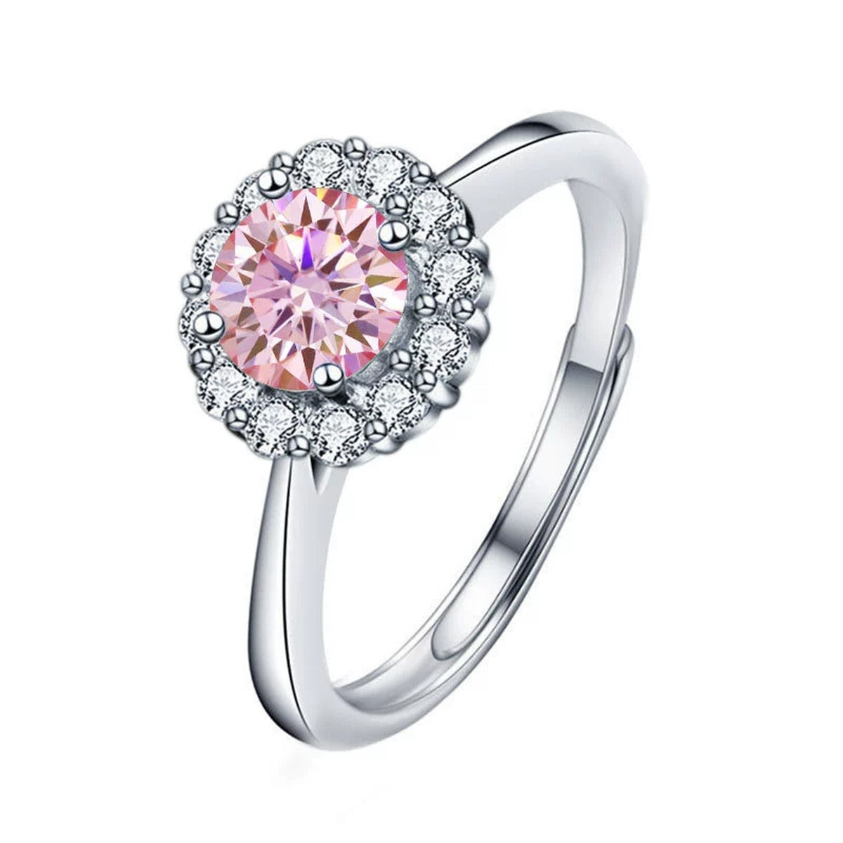 Colored Round Moissanite Halo Adjustable Engagement Ring with CZ in white gold-plated S925 sterling silver on clean white background