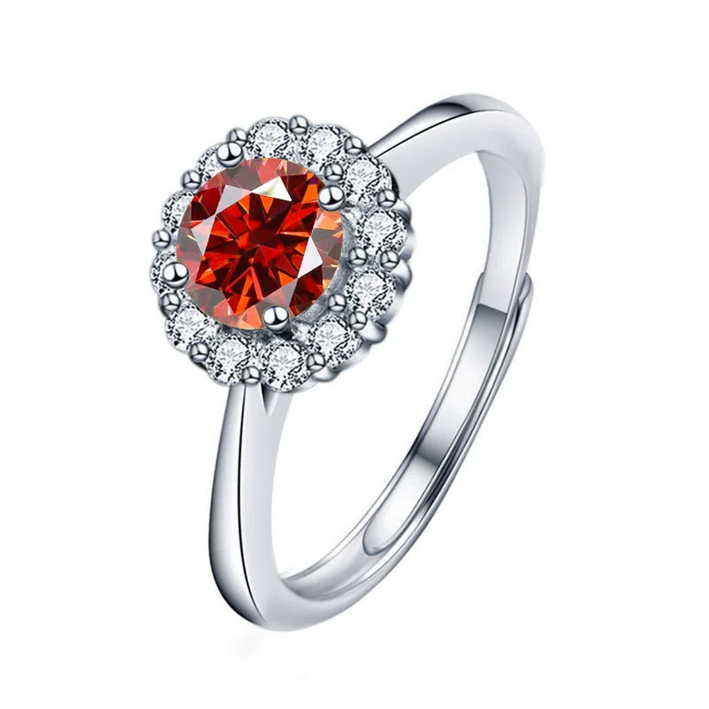 Colored Round Moissanite Halo Adjustable Engagement Ring with CZ in white gold-plated S925 sterling silver on clean white background