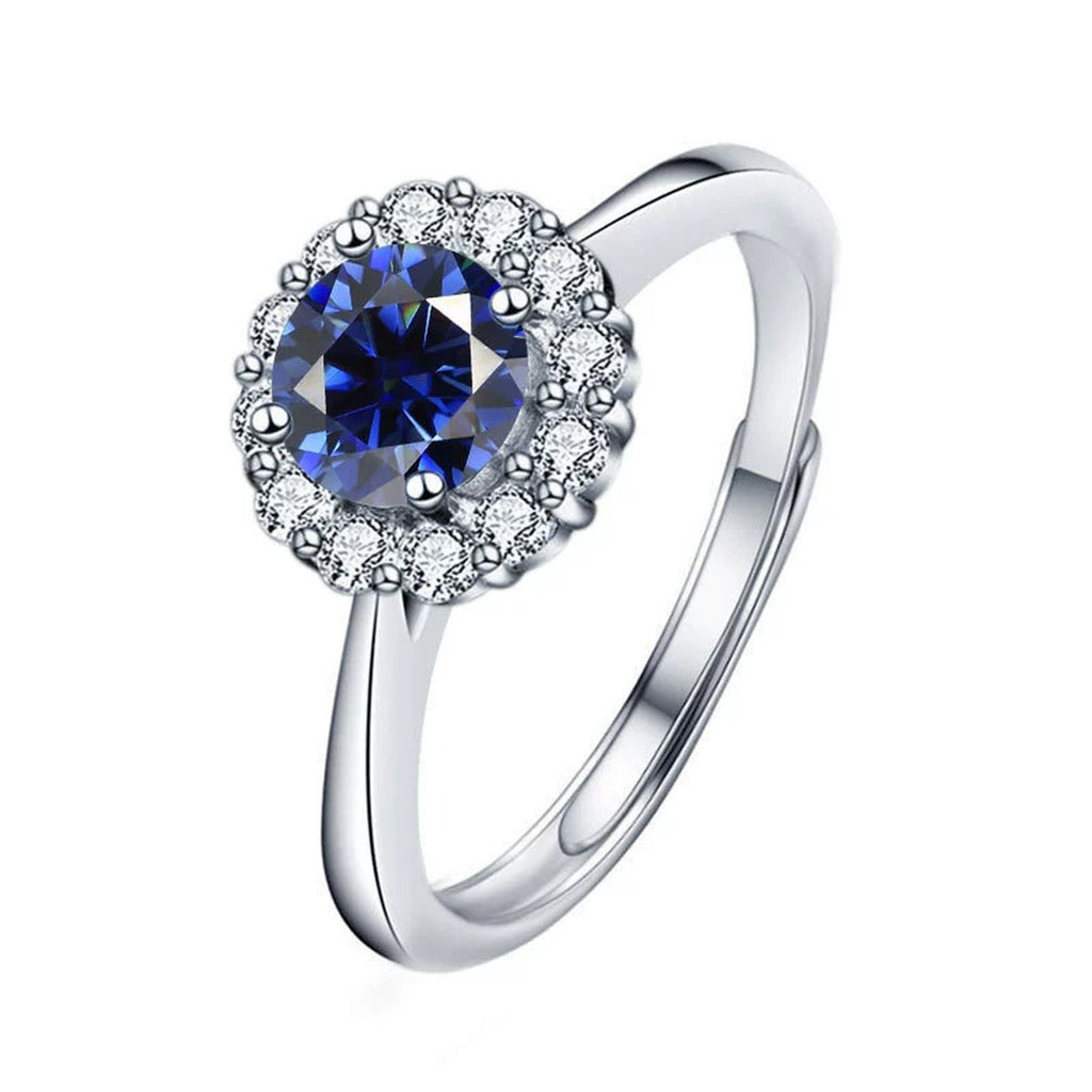 Colored Round Moissanite Halo Adjustable Engagement Ring with CZ in white gold-plated S925 sterling silver on clean white background