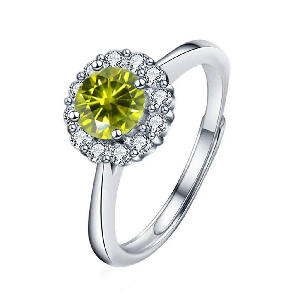 Colored Round Moissanite Halo Adjustable Engagement Ring with CZ in white gold-plated S925 sterling silver on clean white background