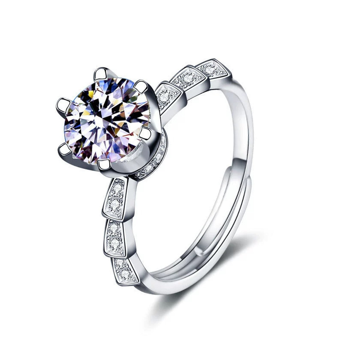 Six-Prong Round Moissanite Adjustable Engagement Ring with CZ in gold-plated S925 sterling silver on clean white background