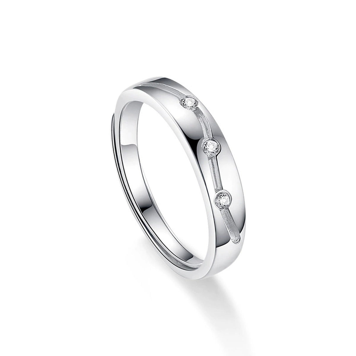 Modern Couples Adjustable Wedding Rings with CZ in white gold-plated S925 sterling silver on clean white background