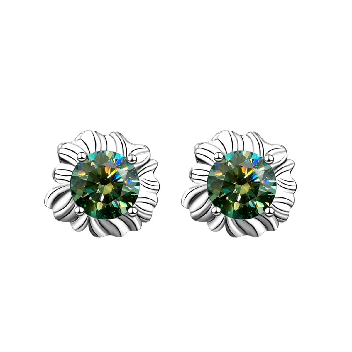 Sunflower Moissanite Stud Earrings in White Gold-Plated S925 sterling silver product scene view showing front sparkle