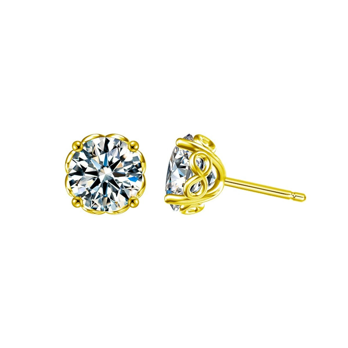 Four-Prong Round Moissanite Solitaire Stud Earrings in Gold-Plated S925 sterling silver white background product photo showing the pair, stone shape, and stud earrings silhouette