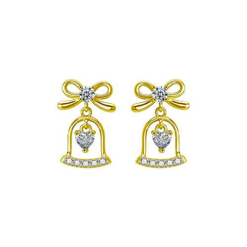 Bowknot Bell Heart Moissanite Stud Dangle Earrings with CZ in Gold-Plated S925 sterling silver white background product photo showing the pair, stone shape, and stud dangle earrings silhouette