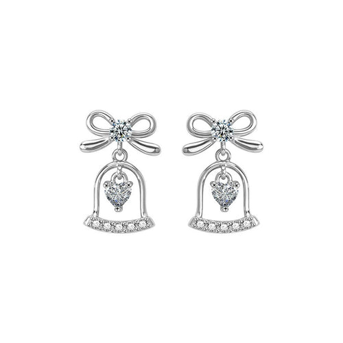 Bowknot Bell Heart Moissanite Stud Dangle Earrings with CZ in Gold-Plated S925 sterling silver product scene view showing front sparkle