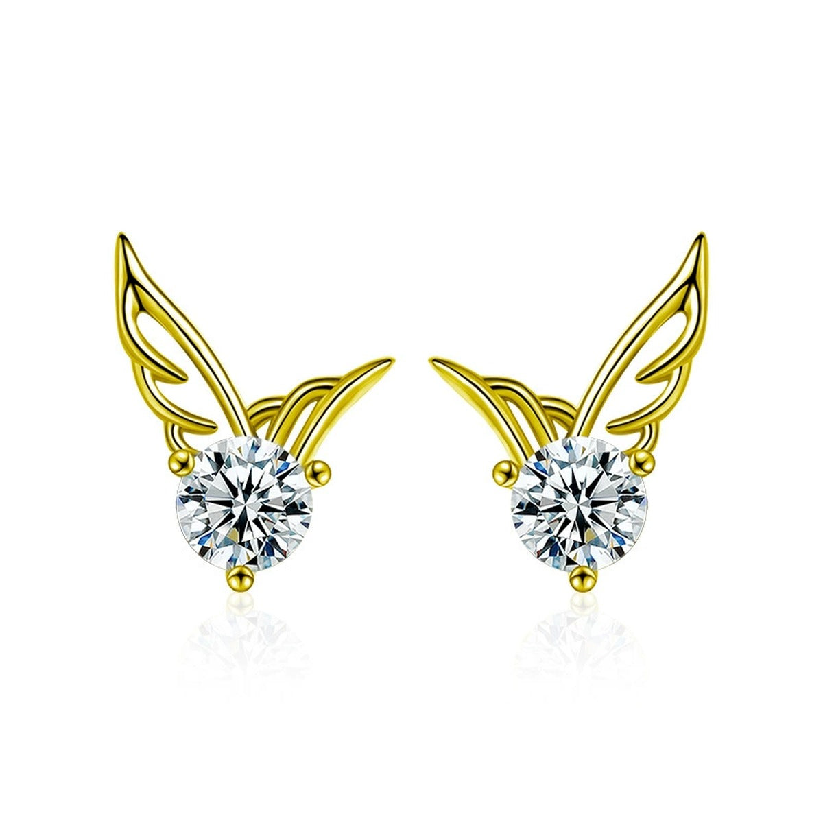 Angel Wing Round Moissanite Stud Earrings in Gold-Plated S925 sterling silver white background product photo showing the pair, stone shape, and stud earrings silhouette