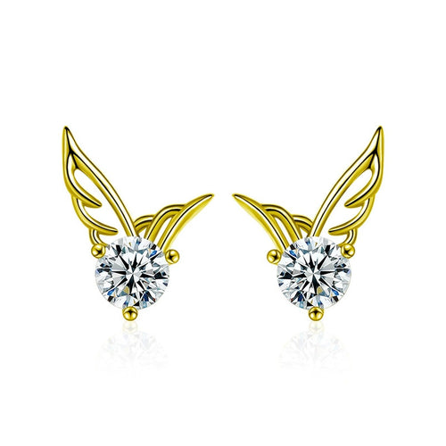 Angel Wing Round Moissanite Stud Earrings in Gold-Plated S925 sterling silver white background product photo showing the pair, stone shape, and stud earrings silhouette