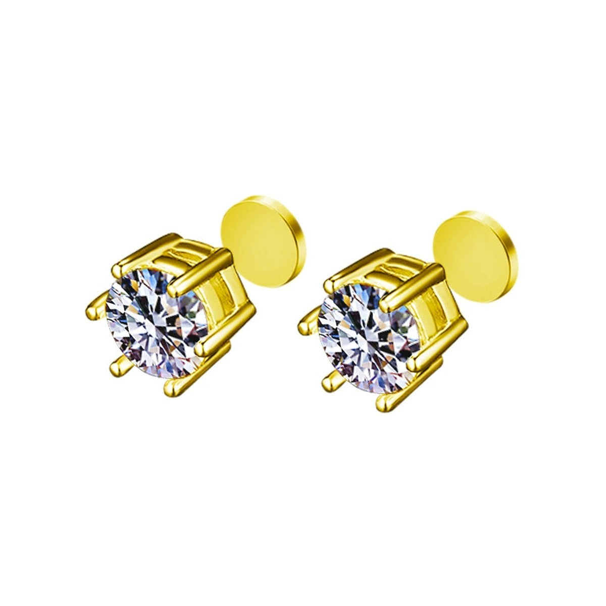 Magnetic Clip-On Round Moissanite Stud Earrings in Gold-Plated S925 sterling silver white background product photo showing the pair, stone shape, and stud earrings silhouette