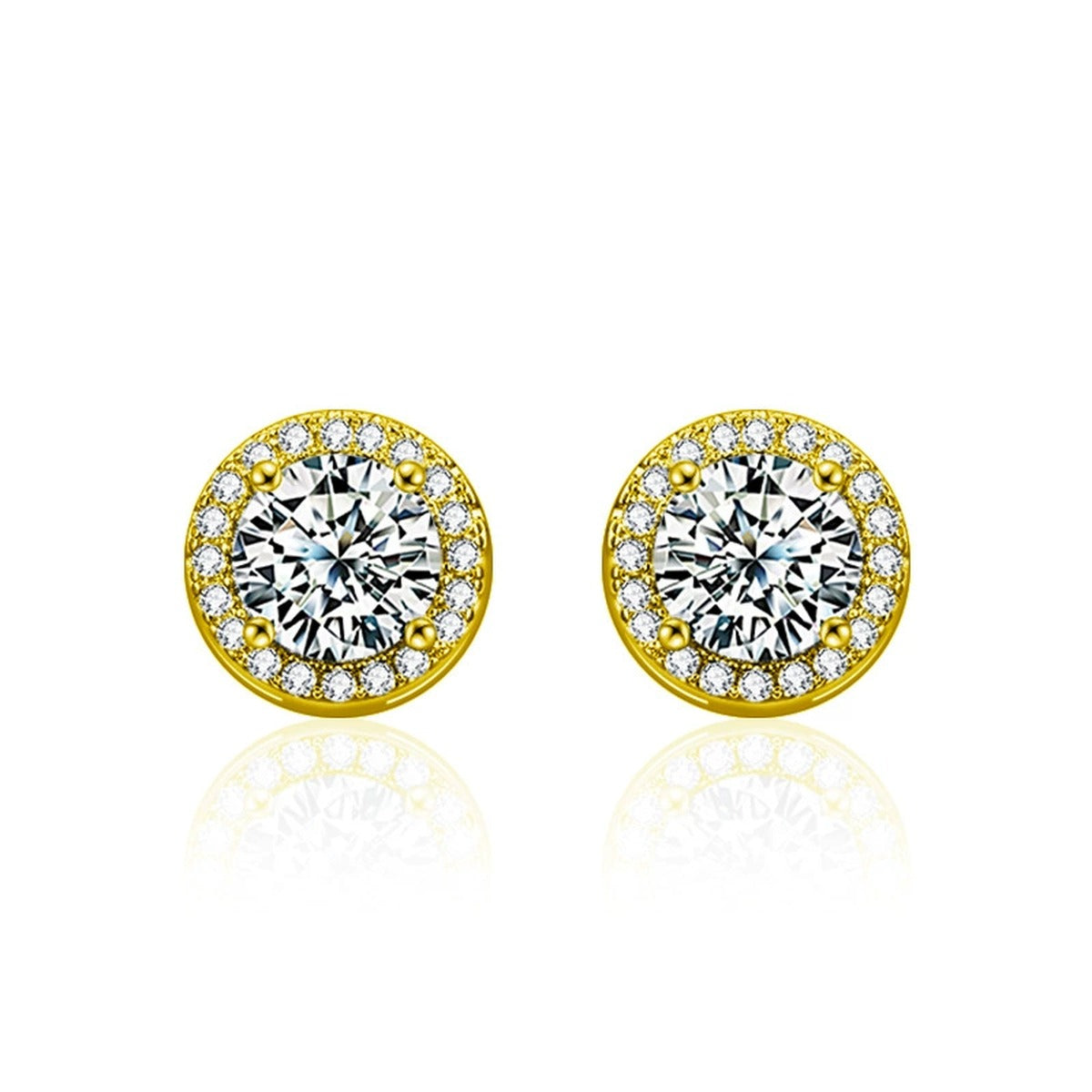 Round Halo Moissanite Stud Earrings with CZ in Gold-Plated S925 sterling silver white background product photo showing the pair, stone shape, and stud earrings silhouette