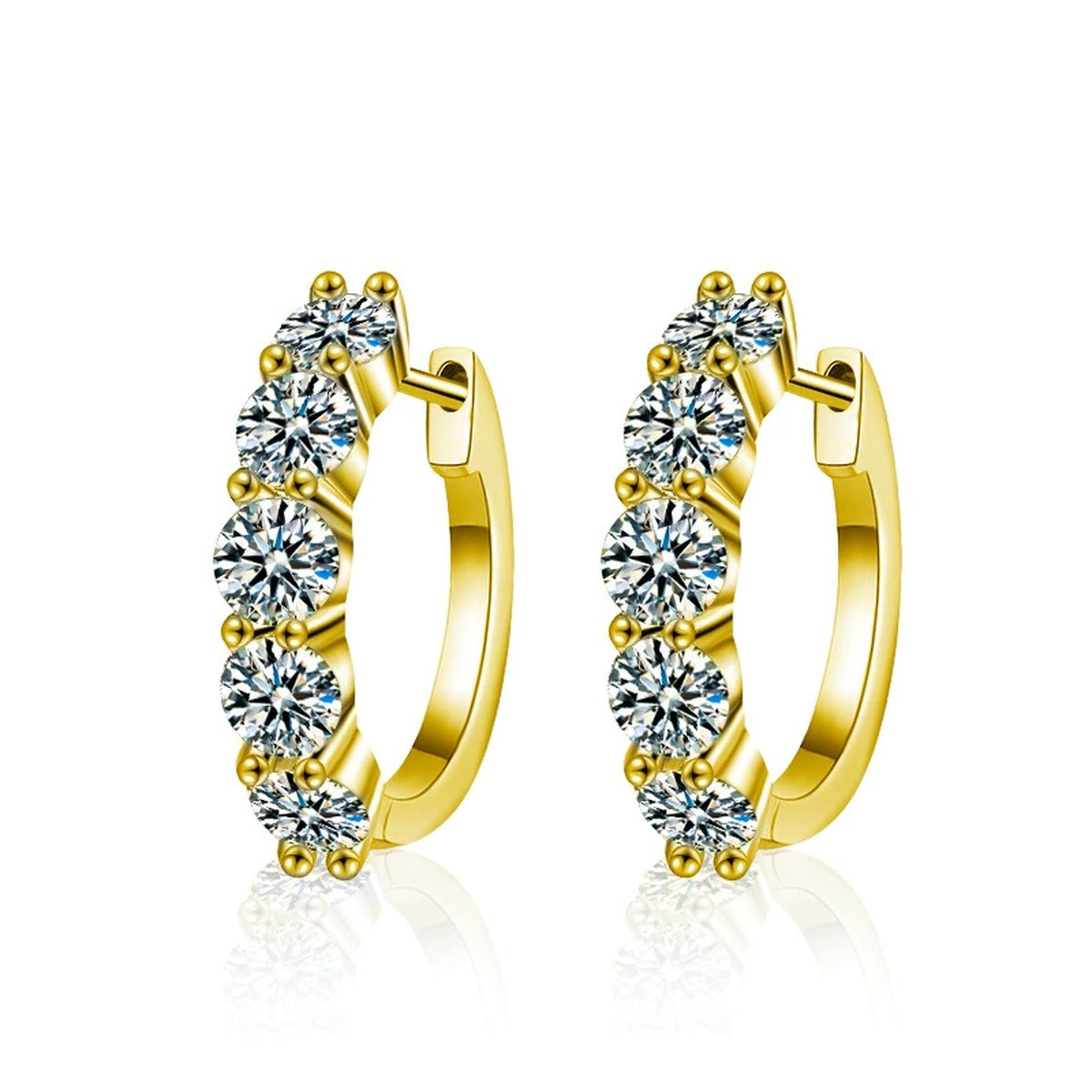 Three-Row Round Moissanite Hoop Earrings in Gold-Plated S925 sterling silver white background product photo showing the pair, stone shape, and hoop earrings silhouette