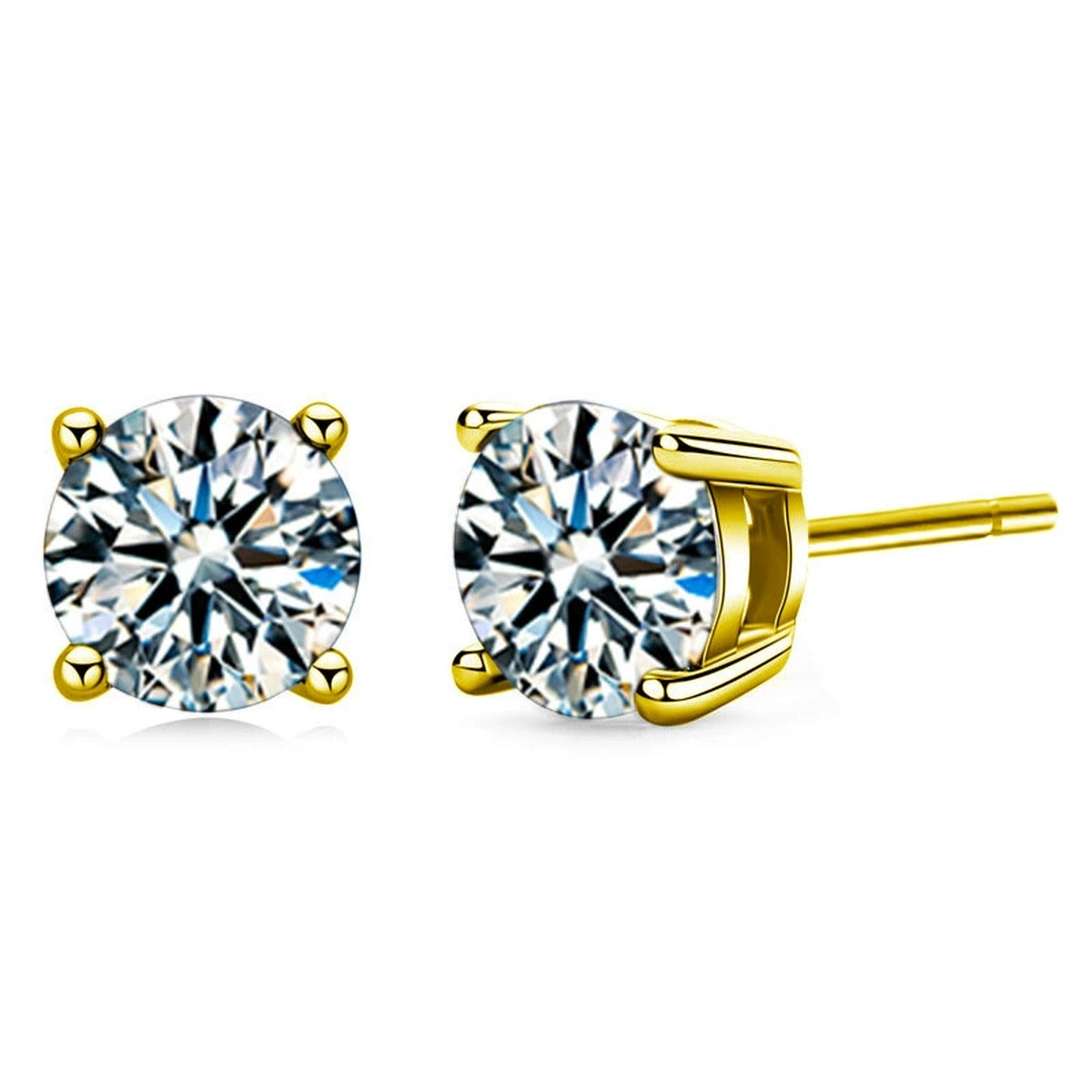 Four-Prong Round Moissanite Stud Earrings in Gold-Plated S925 sterling silver white background product photo showing the pair, stone shape, and stud earrings silhouette